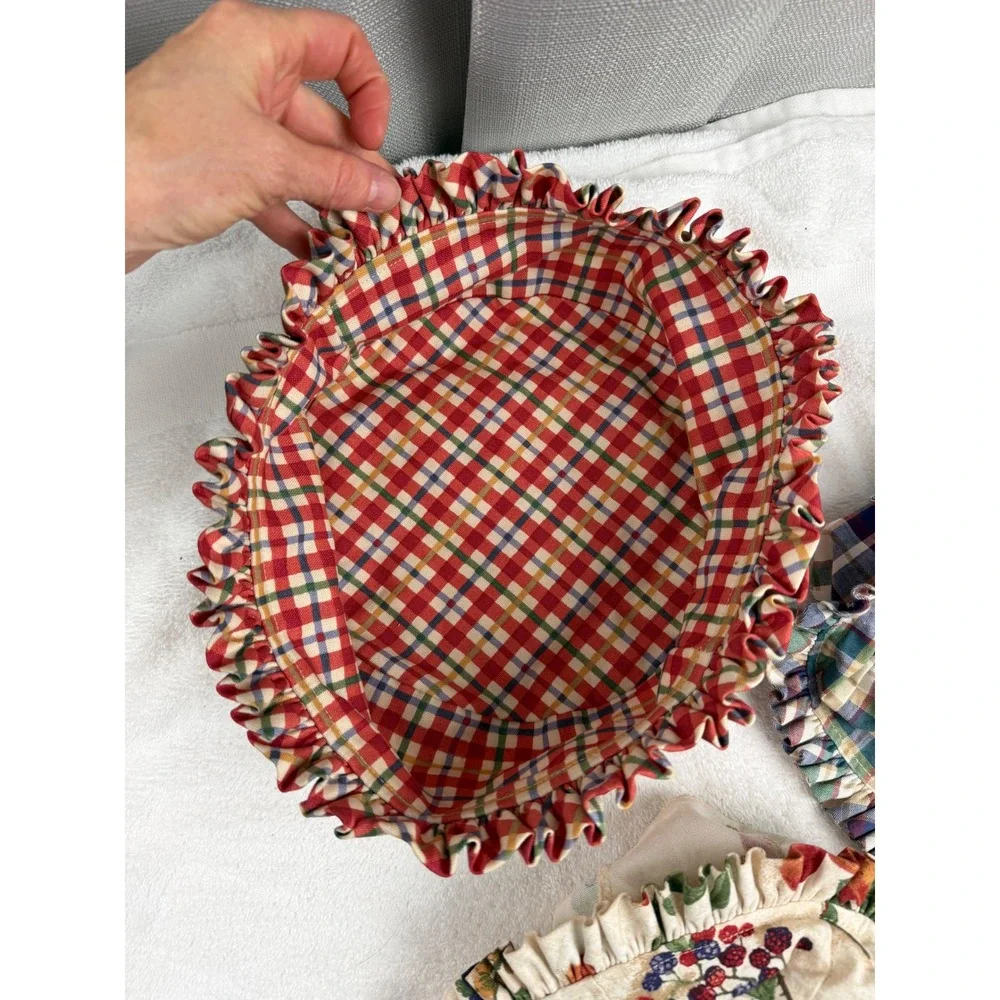 Longaberger Basket Liners Set of 3 Red Plaid Blue Green Plaid Fruit Print Ruffle